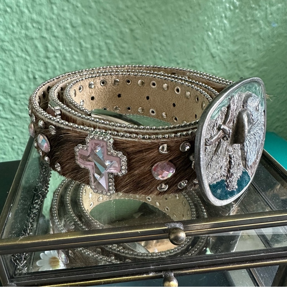 Cowhide Calf Hair On Pony Leather Studded Cross Silver Crystals Western Belt